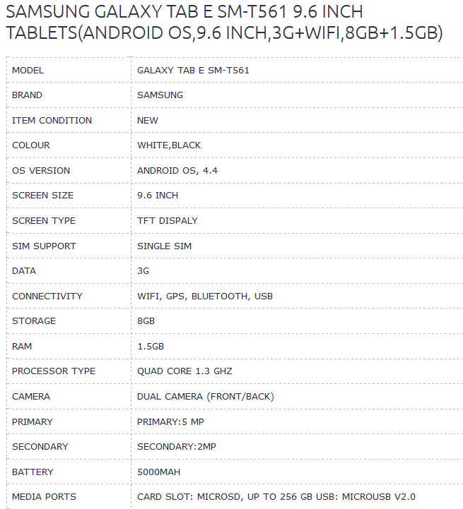 SAMSUNG GALAXY TAB E | 8GB | PEARL WHITE | 9.6" | SM-T561  [no network]